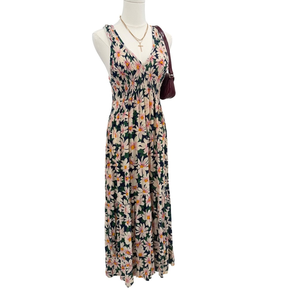 Angie Floral Daisy Smocked Maxi Dress Navy Blue Cream Rayon Boho Sleeveless S